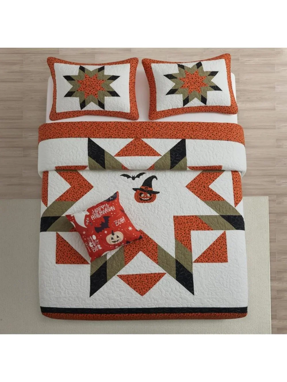 Queen Size Halloween Quilt Set - Fall Cotton Bedding, Cozy 90